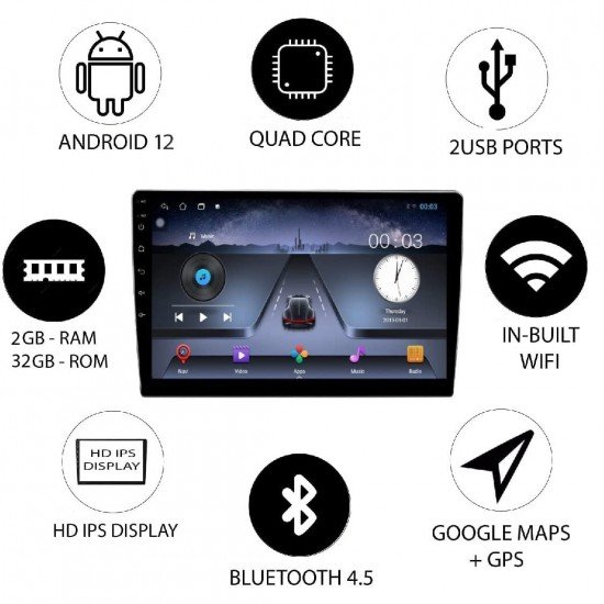 AUTO SNAP 9 Inch HD Android Double Din Stereo Player 11 Android Version Gorilla Glass IPS Display Car Stereo Touch Screen Flashing 2GB RAM 32GB ROM for All Cars